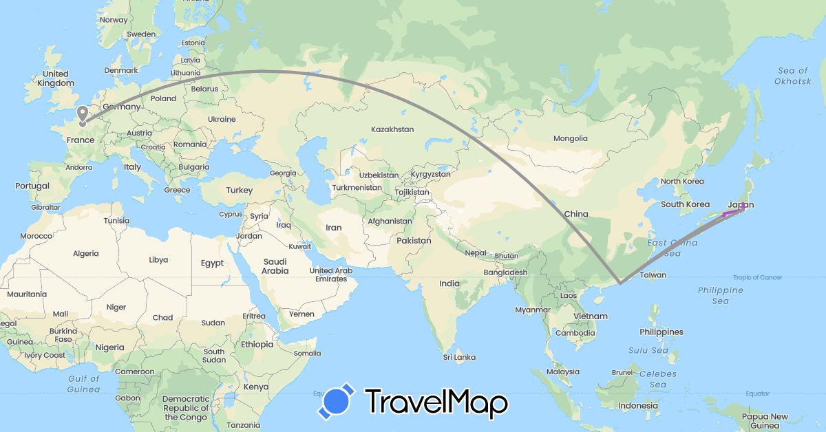 TravelMap itinerary: driving, plane, train in China, France, Japan (Asia, Europe)